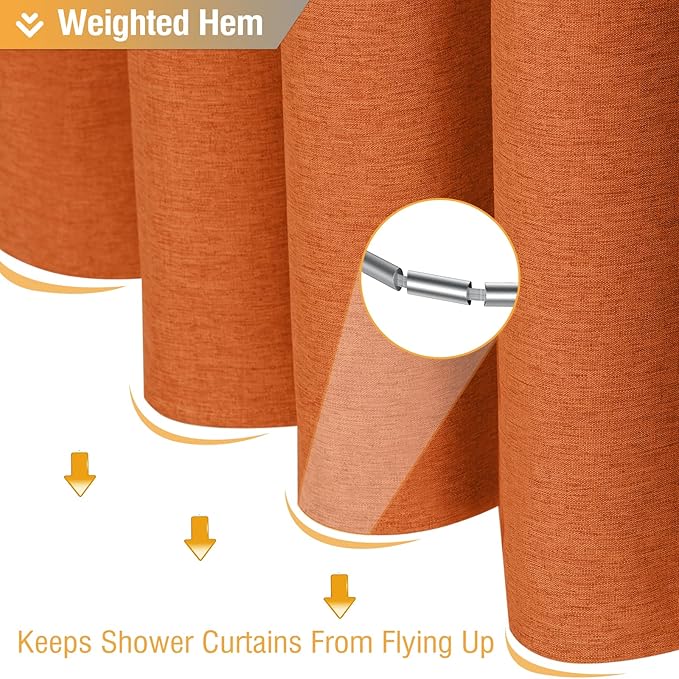 BTTN Orange Shower Curtain - Linen Textured Heavy Duty Waterproof Cloth Shower Curtain Set with 12 Plastic Hooks, Hotel Spa Luxury Simple Decorative Thick Fabric Shower Curtains for Bathroom - 72x72