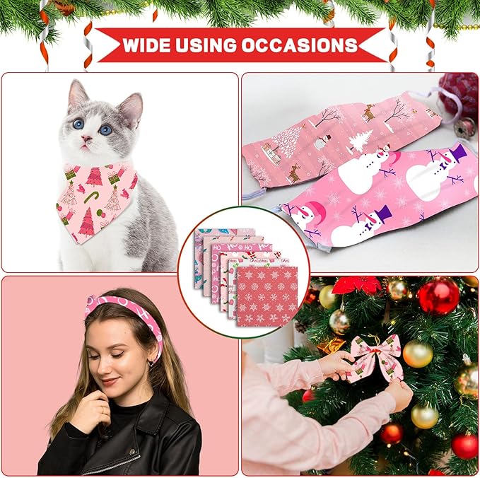 Shimeyao 60 Pcs 10 x 10 Inch Pink Christmas Quilting Fabric Bundle Fat Quarters Santa Snowman Reindeer Print Squares Fabric Printed Patchwork Supplies for Xmas DIY Decorations Sewing Craft