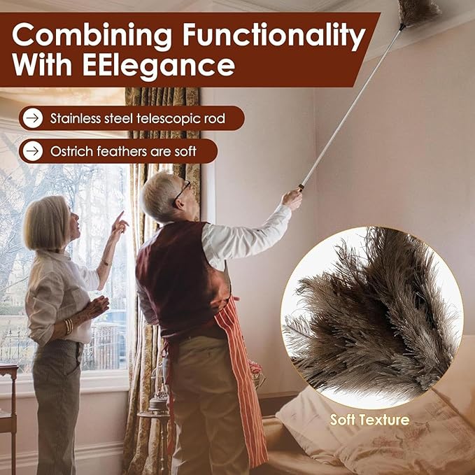 Duster with Extension Pole - 61-Inch Soft Feathers Dusting Mop, Anti-Static Washable Duster | Long Reach Cleaning Tool for Vents, Blinds, Baseboards, Fans, RV, Car, Outdoor Pet Hair Remova