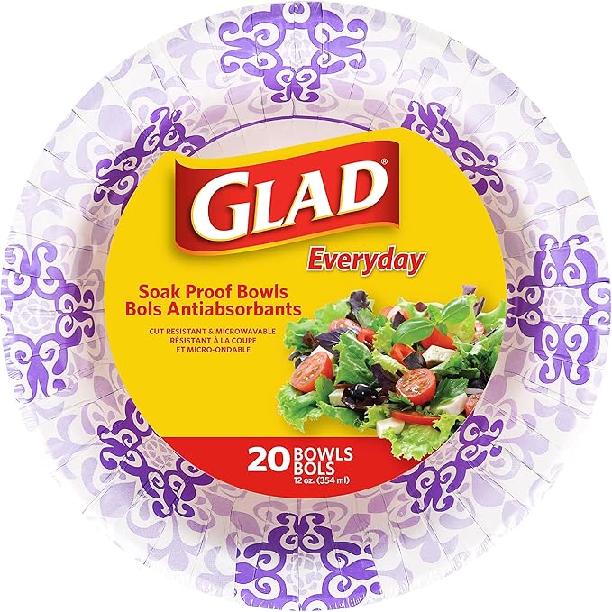 Glad Disposable Purple & White Victorian Design Bowls, 20 Count - 6 Pack | Microwave Safe, Perfect for Parties & Picnics