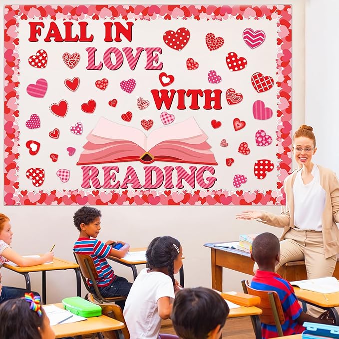 gisgfim Valentine's Day Reading Bulletin Board Decorations Set Valentines Red Heart Borders Cutouts for Party School Classroom Door Welcome Bulletin Board Craft Home Wall(Fall in Love with Reading)