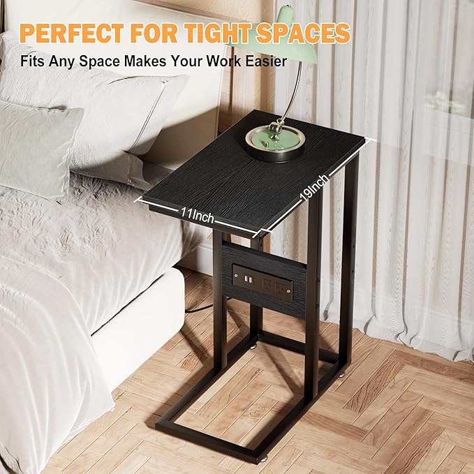 VECELO C Shaped End Table with Charging Station & Power Outlets, Quick Access Side Table for Sofa, C Bedside for Living Room Bedroom 1 Set,Black