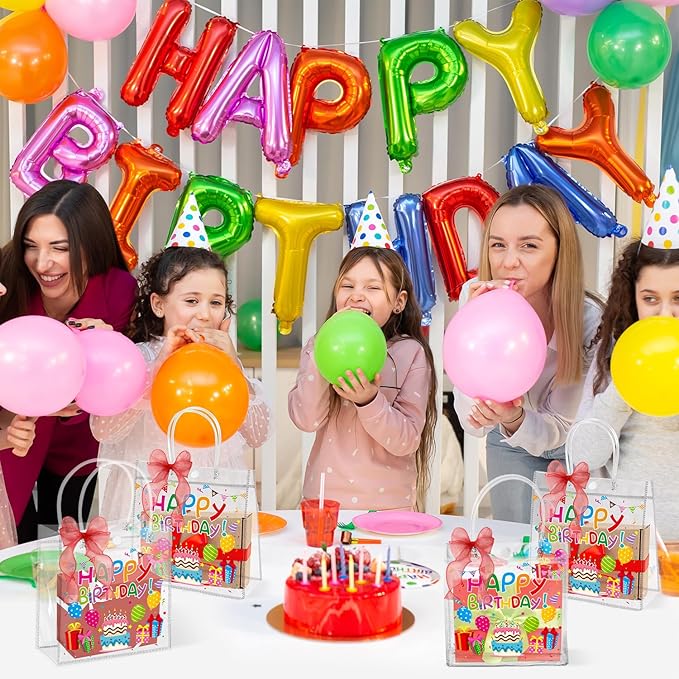 H1vojoxo Birthday Party Gift Bags - 24PCS Happy Birthday Clear PVC Gift Bags with Handles 10 Yards Red DIY Bow Ribbon 7.9x7.9x3.1 Inches Reusable Clear PVC Birthdays Gift Wrap Tote Bag for Kids Adults