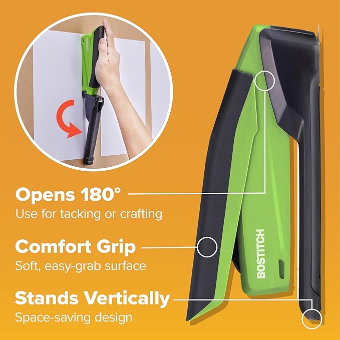 Bostitch Office InPower Spring-Powered Desktop Stapler, 20 Sheet Capacity, One Finger Stapling, Includes 210 Staples, Jam Free, Opens for Tacking, Green