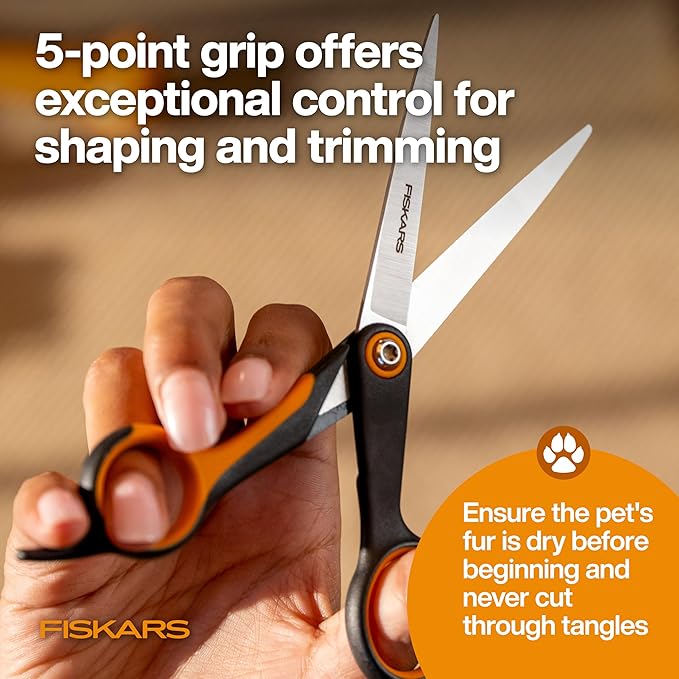 Fiskars Pet, Dog & Cat Grooming Scissors, Precision Stainless Steel Blades & SoftGrip Handle, Cat and Dog Supplies, 6.75”, Orange/Black, Trimming Scissors