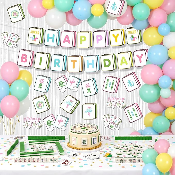 Epakh 39 Pcs Mahjong Birthday Party Decorations Includes 24 Pieces Paper Cards Decor 13 Pcs Happy Birthday Banner 2 Pieces Foil Fringe Curtain Backdrop for Photo Prop Themed Party Supplies