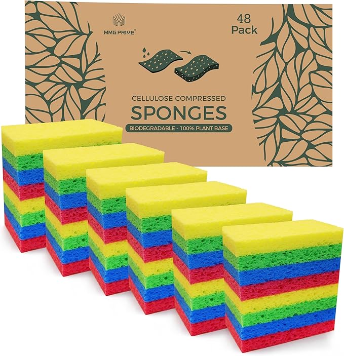 Cellulose Sponges – 48-Pack Multicolored Compressed Natural for Kitchen – Plant-Based, Biodegradable, Non-Scratch, Quick-Dry, Super-Absorbent for Dishes & Surfaces (48, Multicolor)
