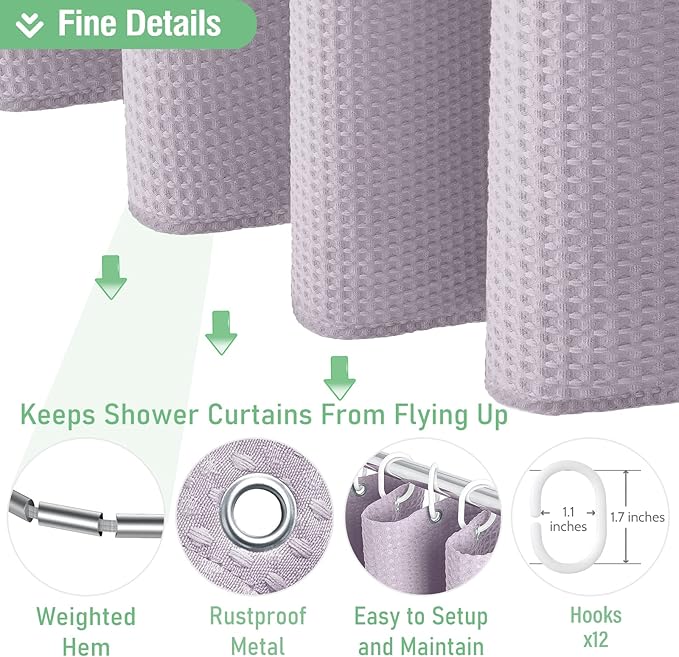 Dynamene Long Fabric Shower Curtain - 78 inch Long Waffle Weave Weighted Cloth Shower Curtains for Bathroom, Neutral Heavy Duty Hotel Spa Luxury Bath Curtain Set with 12 Hooks, 72x78, Lavender