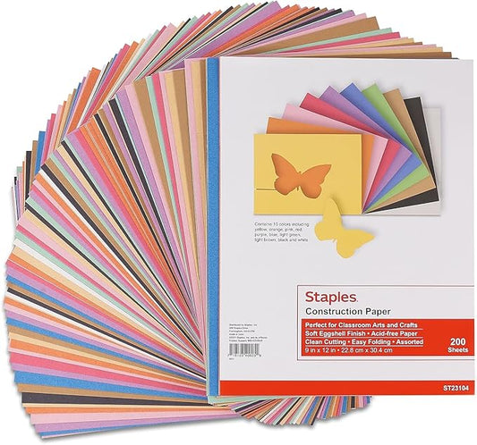 Staples Construction Paper, 9" x 12", Assorted, 200 Sheets/Pack - Paper for Crafts, School Projects & Art Rooms