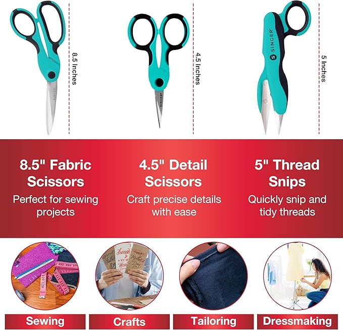 SINGER ProSeries Sewing Scissors Bundle: 8.5" Heavy Duty Fabric, 4.5" Detail Embroidery, 5" Thread Snips With Comfort Grip (Teal)