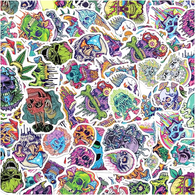 Psychedelic Skull and Trippy Mushroom Artwork 50pcs Stickers Pack Vinyl for Laptop Skateboard Guitar Water Bottle Helmet Decoration Wall Bike Hat Hard Phone Case Car Bottles