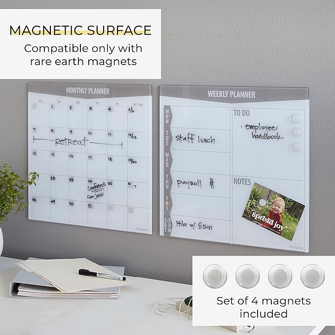 ECR4Kids MessageStor Magnetic Dry-Erase Glass Board with Magnets, 17.5in x 17.5in, Wall-Mounted Whiteboard, Grey, 2-Pack