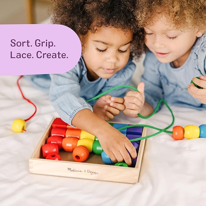 Melissa & Doug Primary Lacing Beads – 30 Wooden Beads for Crafts & 2 Laces in Toy Storage Box, Small Beads for Kids Arts and Crafts Kits, Preschool Learning Toys for Girls & Boys Ages 3+