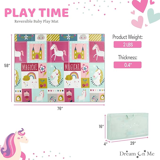 Dream On Me Play Time Reversible Baby Playmat, Foldable Extra Large Thick Foam Crawling Playmats for Toddlers, Waterproof Portable Playmat for Babies
