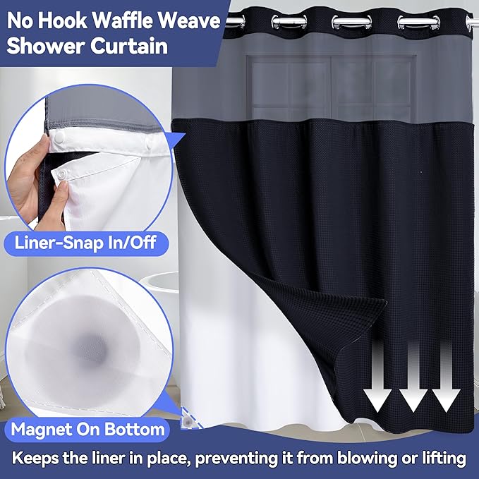 Conbo Mio Extra Long No Hook Waffle Weave Shower Curtain with Snap in Liner Set, Hotel Luxury Black Shower Curtains for Bathroom with See Through Top Window, Waterproof, Washable 71W x 84H
