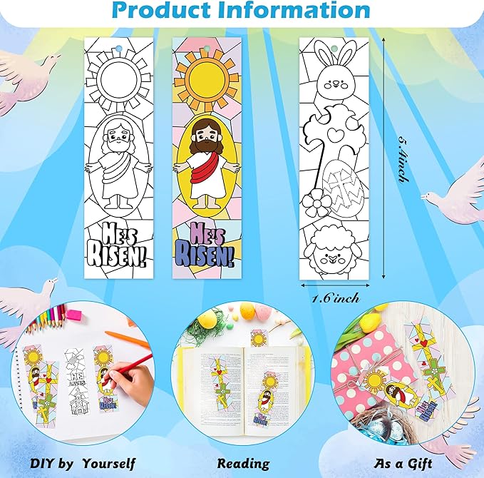 75Pcs He is Risen Color Your Own Bookmarks Easter Bunny DIY Coloring Blank Bookmark Jesus Resurrection Classroom Art Craft Supplies for Teachers Students Spring Party Religious Reward Goodie Fillers