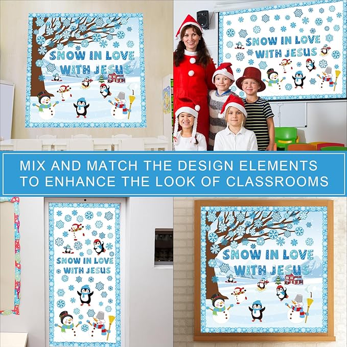 Winter Bulletin Board Decoration Set with Background Paper & Borders Cutouts for Christian Sunday School Classroom Church Decor Christmas Snow in Love with Jesus Bulletin Board Craft Home Wall(Winter)