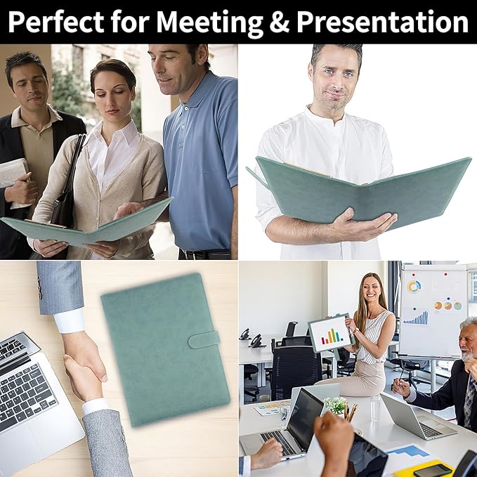 Professional Padfolio with Clipboard, Faux Leather Portfolio Folder Binder, Legal Pad Holder for A4 Letter Size Notepad, Resume, Writing, Ideal Organizer for Business Office Conference (Gray Green)