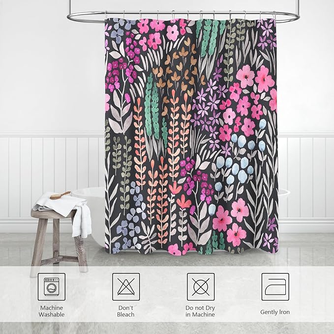 Small Stall Shower Curtain 36 x 72 Inch, Half Narrow Cute Floral Shower Curtain for Bathroom, Black Hot Pink Wildflower Boho Cottagecore Fabric Shower Curtain Set with Hooks