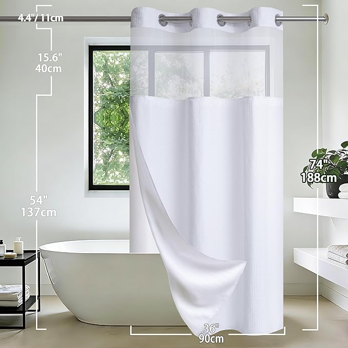 Conbo Mio Stall No Hook Waffle Weave Shower Curtain with Snap in Liner Set, Hotel Luxury White Shower Curtains for Bathroom with See Through Top Window, Waterproof, Washable 36W x 74H