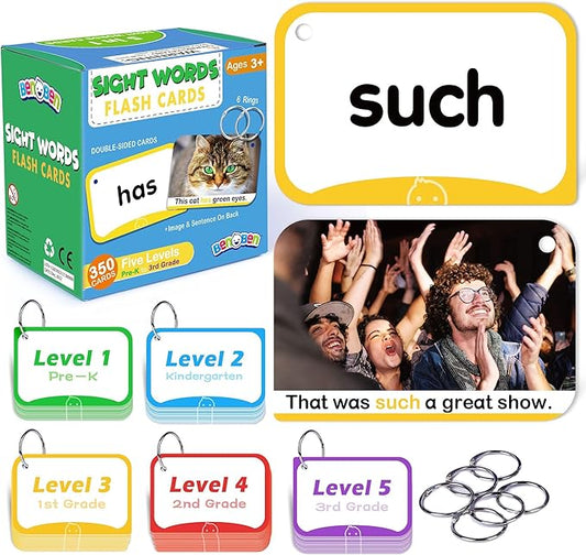 BenBen Sight Words Flash Cards, 350 Dolch & Fry High Frequency Site Words and Sentences for Pre-K, Kindergarten, 1st 2nd 3rd Grade, Educational Learning Cards Homeschool Supplies for Ages 3-9