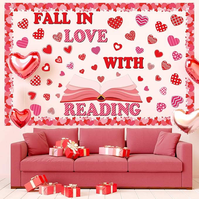 gisgfim Valentine's Day Reading Bulletin Board Decorations Set Valentines Red Heart Borders Cutouts for Party School Classroom Door Welcome Bulletin Board Craft Home Wall(Fall in Love with Reading)