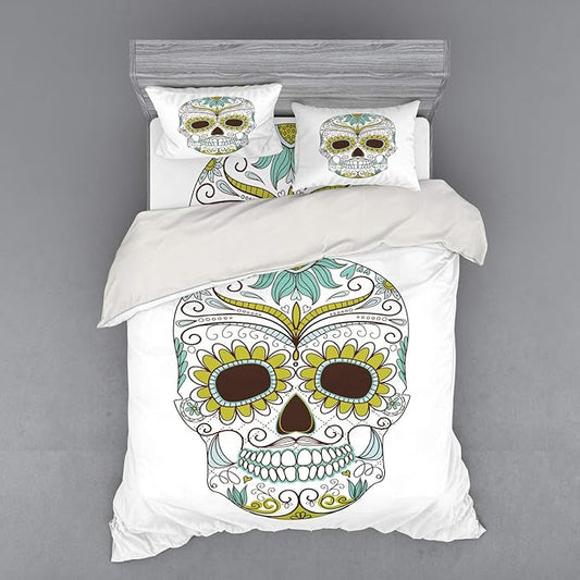 Ambesonne Sugar Skull Duvet Cover Set, Folkloric Calavera Elements Floral Day of The Dead Theme, 4 Piece Bedding Set with Shams and Fitted Sheet, Queen Size, Apple Green Brown Seafoam