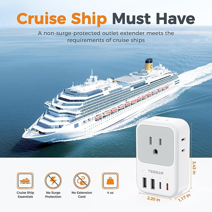 USB C Charger Block 20W, TESSAN PD Fast Charging Adapter with Foldable Plug, 1875W Power Outlet Extender(4 AC and 4 USB) for Cruise, Home, Office, Dorm