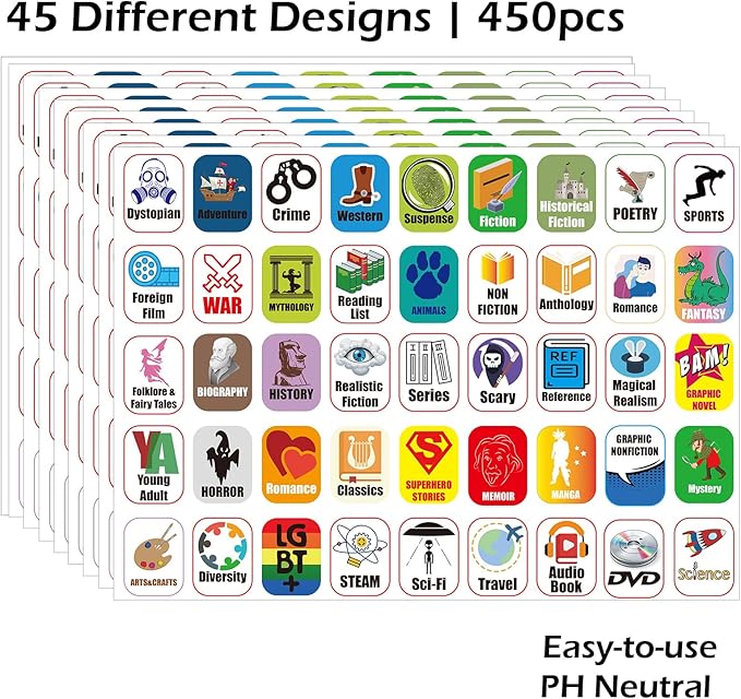 45 Genre Book Spine Labels for Library | Classroom Library Classification Stickers 450pcs