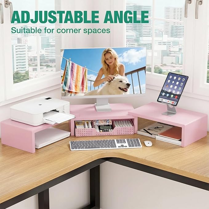 OPNICE Desk Organizers and Accessories, Dual Computer Monitor Stand Riser with Drawer, Office Decor for Women, Office Desk Accessories & Workspace Organizers, Pink