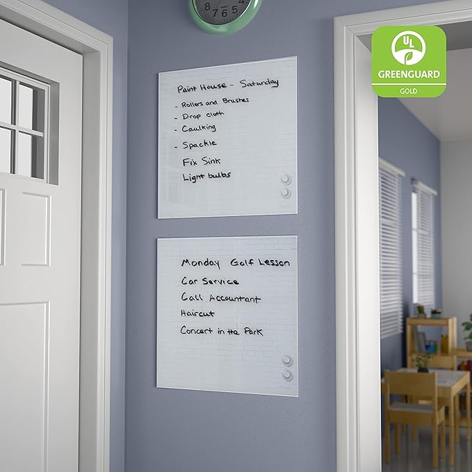 ECR4Kids MessageStor Magnetic Dry-Erase Glass Board with Magnets, 17.5in x 17.5in, Wall-Mounted Whiteboard, White Brick, 2-Pack