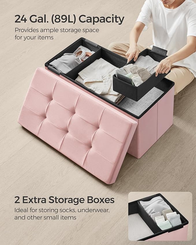 SONGMICS Mazie Collection - Storage Ottoman Bench, Foldable Foot Rest, 15 x 30 x 15 Inches, End of Bed Bench, Storage Chest, Load 660 lb, Living Room, Bedroom, Entryway, Jelly Pink ULSF247R01