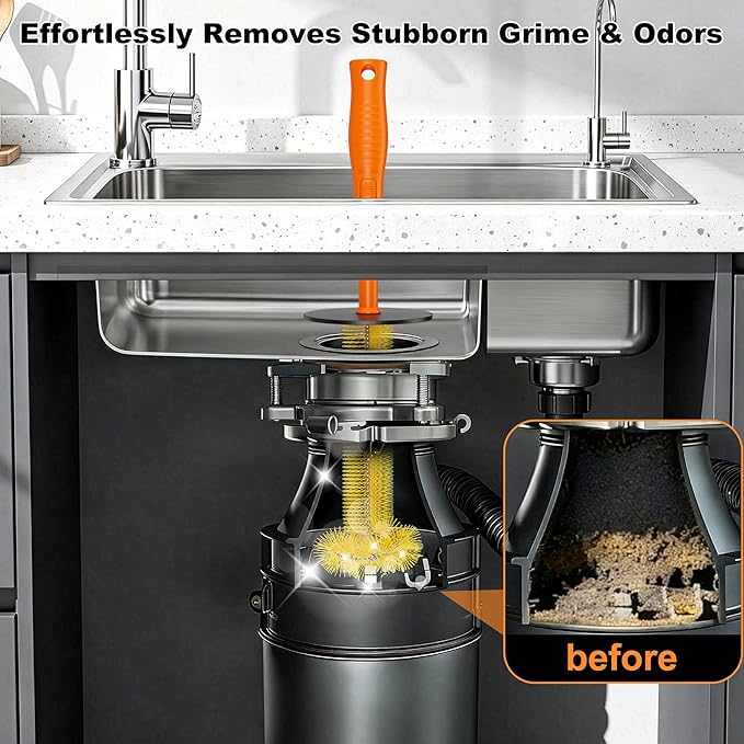 Universal Garbage Disposal Brush – 360° Rotating Head with Rubber Splash Guard, 17.7 Inches,Long-Handle Sink & Disposer Cleaner
