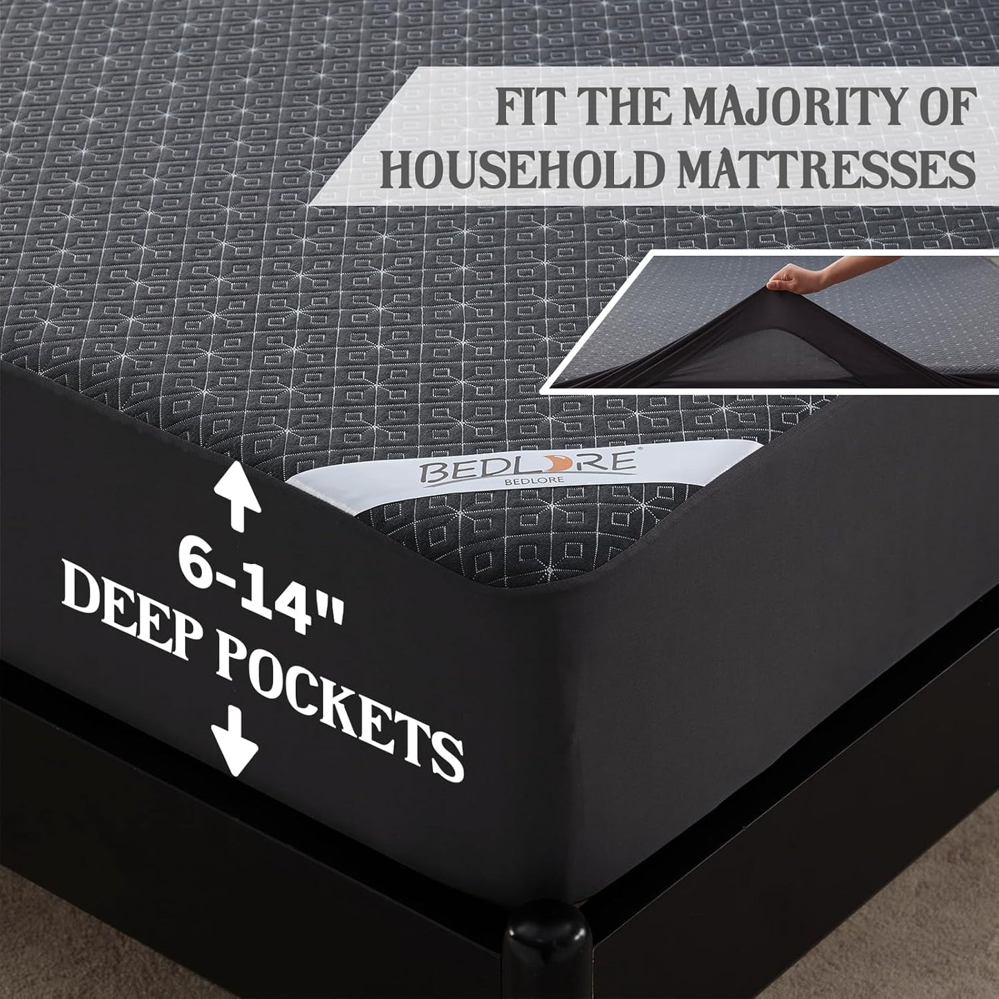 BEDLORE Full Size Mattress Protector, Waterproof Noiseless Mattress Cover with Stretchable Pockets for 6-15 inches Mattress, Soft Breathable Mattress Pad for College Dorm (Dark Gray)