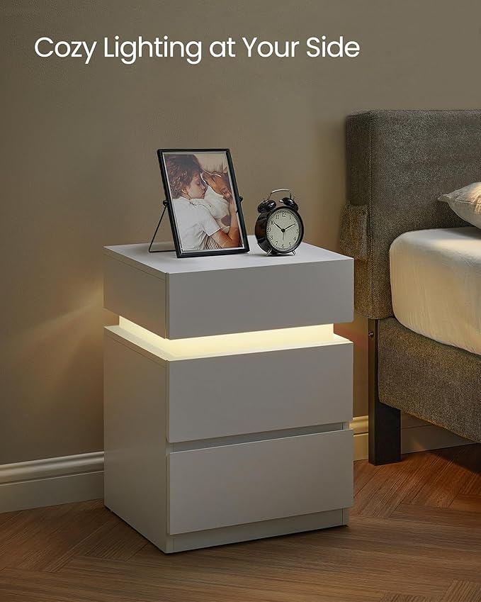 VASAGLE Nightstand with LED Lights, Adjustable Light Colors, Bedside Table, Side Table with 3 Drawers, Modern Style, 13.8 x 15.7 x 21.7 Inches, Cloud White LET630T12
