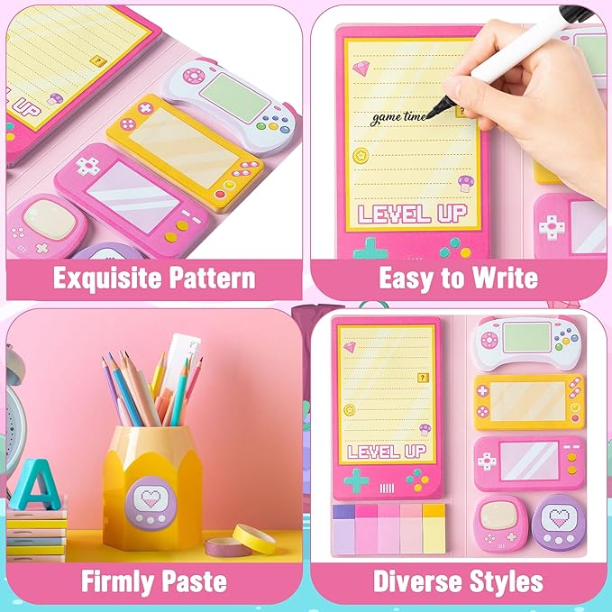 B1ykin Cute Sticky Notes Set - Level Up Video Game Shaped Self-Stick Notes Pad, 550 Sheets Writing Memo Pages Sticky Notepad for Teacher Appreciation Gifts, School Office Supplies (Pink Video Game)