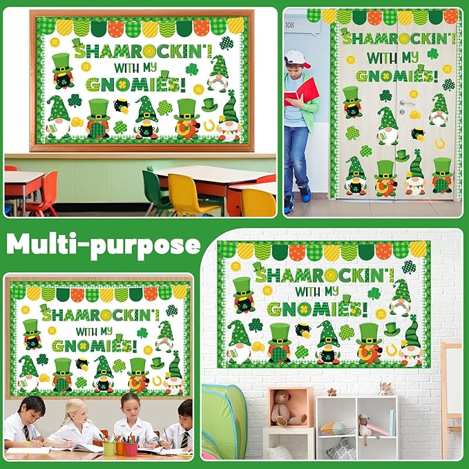 St. Patrick's Day Gnome Bulletin Board Set Shamrockin' with My Gnomies Classroom Decor Lucky Gnome Shamrocks Gold Coin Paper Cutouts Shamrock Bulletin Board Border for Green Irish Holiday School Decor