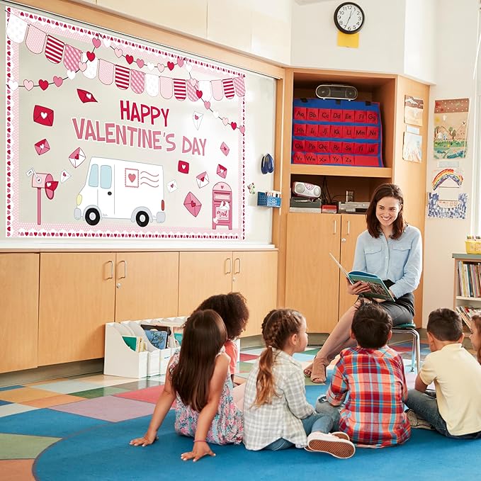 Valentine's Day Bulletin Board Set Valentines Classroom Decoration Postal Vehicle Bulletin Board Borders Valentine's Day Special Cutouts for Holiday School Office Chalkboard Wall Door Decor Supplies