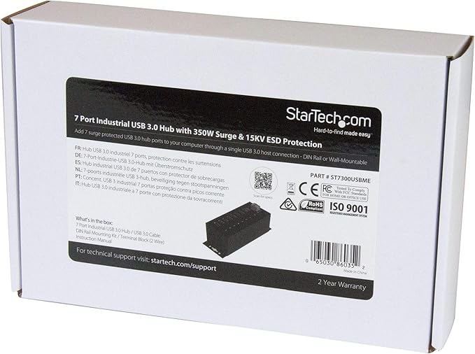 StarTech.com 7-Port USB 3.0 Hub with Power Adapter - Metal Industrial USB-A Hub with ESD & 350W Surge Protection - Din/Wall/Desk Mountable - High Speed USB 3.0 (5Gbps) - Hub , TAA (HB30A7AME)