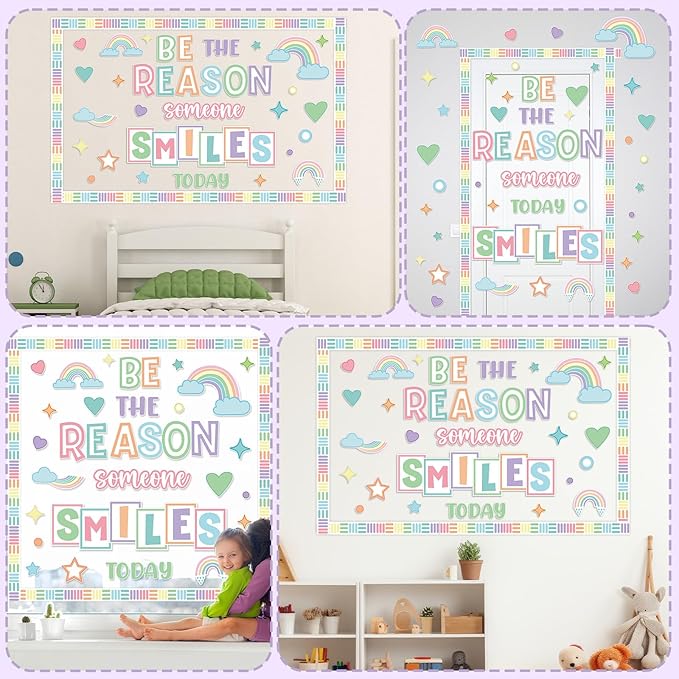 Pastel Classroom Bulletin Board Decoration Set Welcome Borders Cutouts Rainbow Decor for Door Welcome Bulletin Board Kindergarten Preschool School Craft Home Wall(Be The Reason Someone Smile Today)
