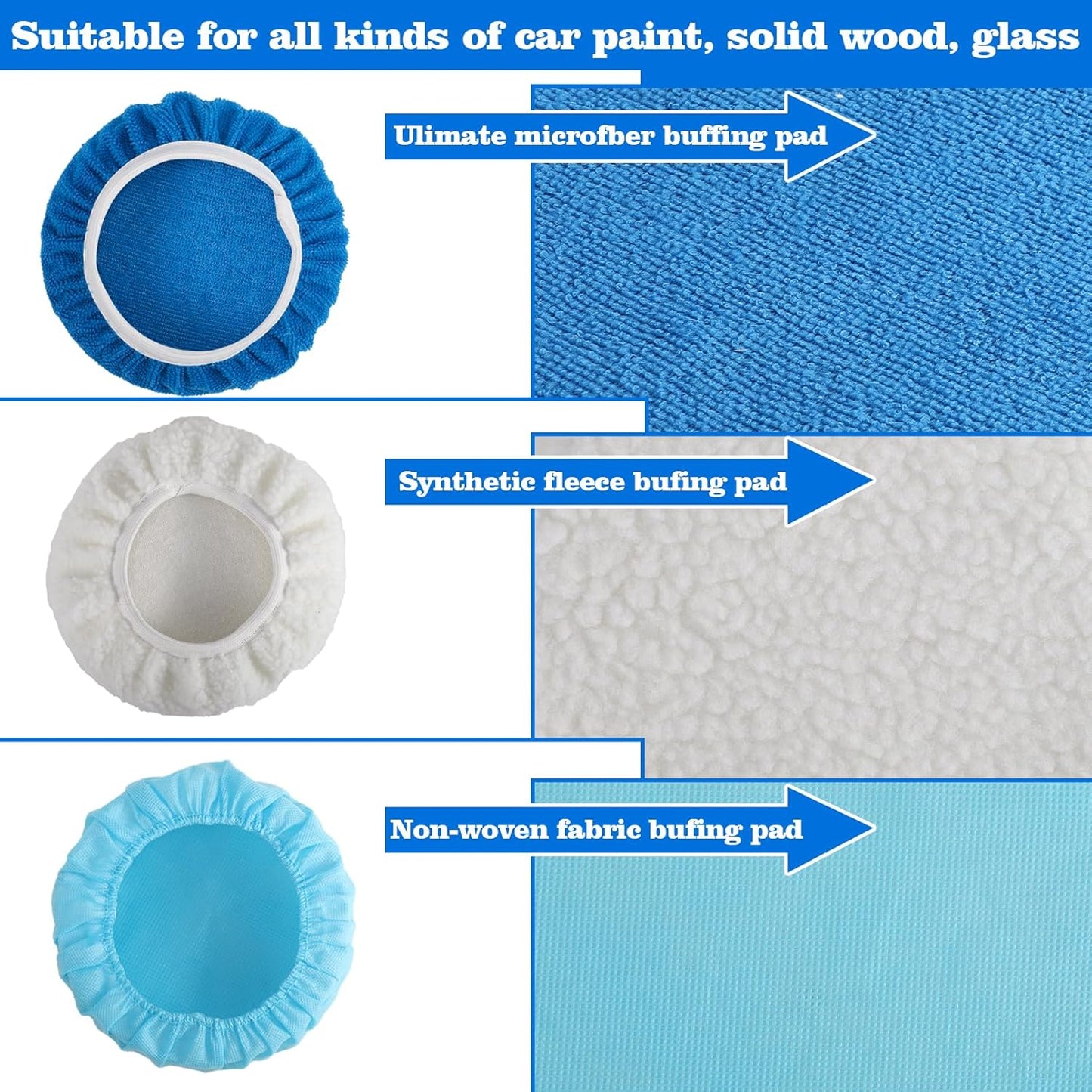 40 Piece Car Polisher Pad Set, Mix Pack of 24 Microfiber, 8 Non Woven, 8 Woolen Bonnets, 8-9 Inch, Dark Blue, Light Blue, White, Suitable for Metals, Woods, Other Hard Surfaces
