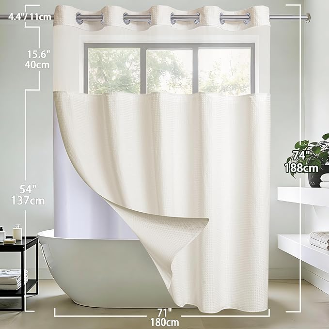 Conbo Mio No Hook Waffle Weave Shower Curtain with Snap in Liner Set, Hotel Luxury Beige Shower Curtains for Bathroom with See Through Top Window, Waterproof, Washable 71W x 74H