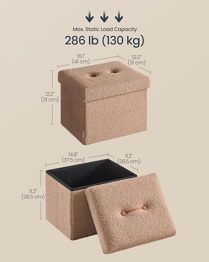 SONGMICS Small Folding Storage Ottoman, Foot Rest Stool, 12.2 x 16.1 x 12.2 Inches, Ottoman with Storage, Load up to 286 lb, for Living Room, Bedroom, Dorm, Camel Brown ULSF094K01