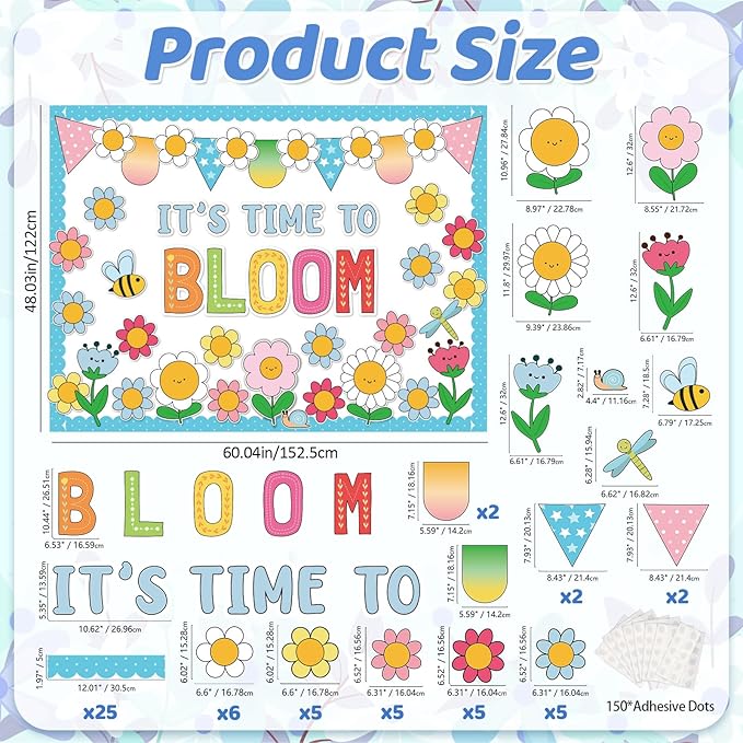 Spring Floral Bulletin Board Decorations for Classroom -It's Time To Bloom Bulletin Board Set Daisy Bee Dragonfly Cutouts DIY Flower Photo Crafts for Summer Spring School Home Wall Door Decor Supplies