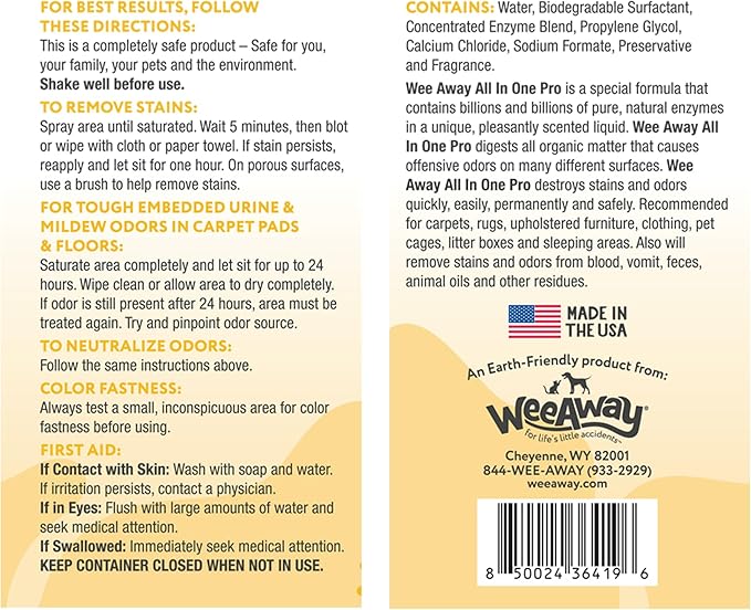 Wee Away All in One Pro Stain & Odor Remover, Enzyme Cleaner, Pet Urine Odor Eliminator for Home - Pet Mess Destroyer for Carpet & Furniture, Lemon Verbena Scent, 32 fl oz