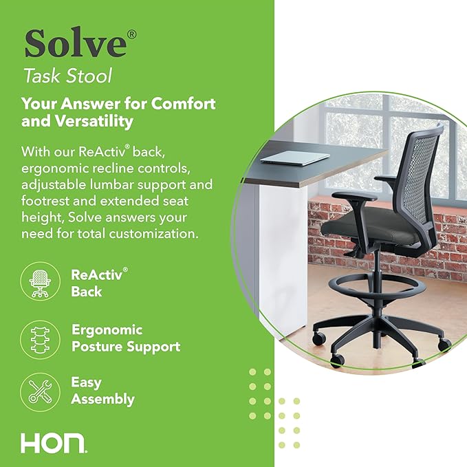 HON Solve Standing Desk Chair with Lumbar Support. ReActiv High Back Support, Ergonomic Office Chair with Foot Rest, Adjustable Height