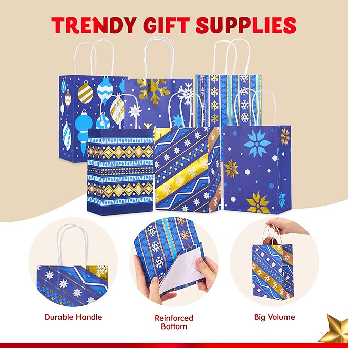 JOYIN 24 PCS Christmas Kraft Gift Bags Xmas Holiday Present Wrapping Paper Goody Bags with Handles for Classrooms and Wedding Decor, Party Favors and Decor Supplies (Blue, 8.27" x 5.91" x 3.15")