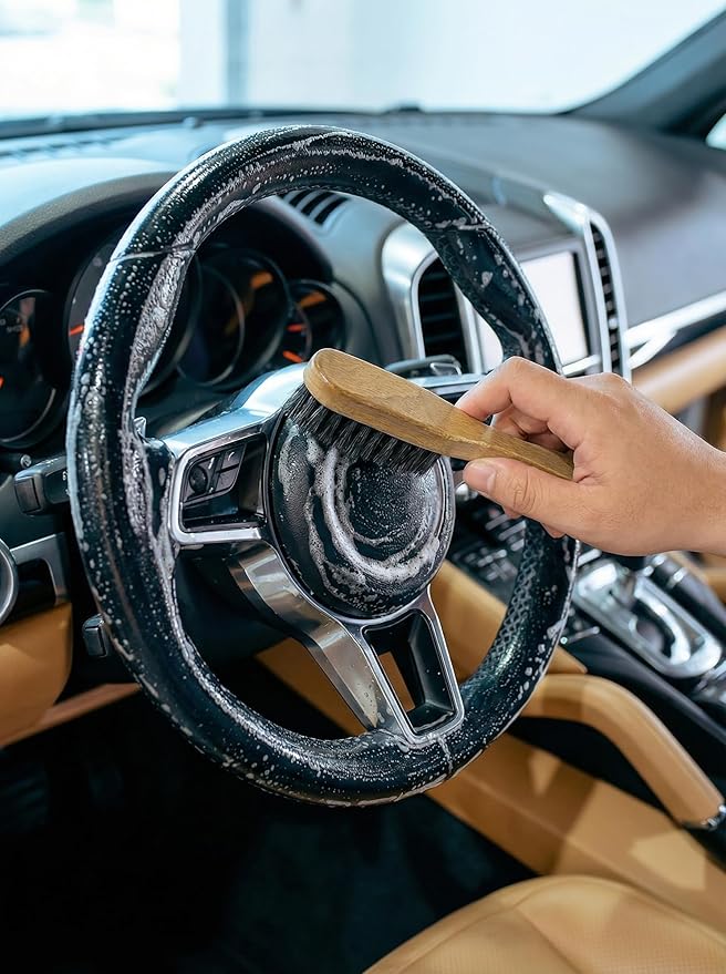 TAKAVU Leather & Upholstery Cleaning Brush Set, 100% Black Boar Bristle, to Clean Car Seats & Leather Sofas, for Alcantara, Interiors, Furniture, Boots, Shoes, Bags and More