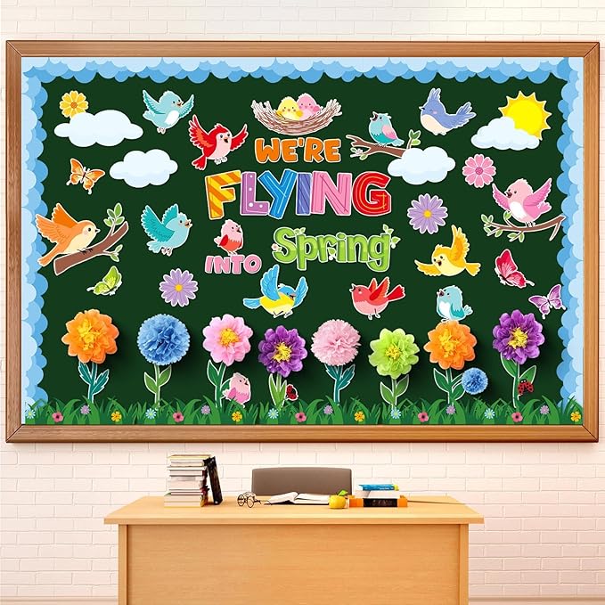 Blosssound 82 Pcs We're Flying into Spring Bulletin Board Set Spring Floral Bird Cutouts with 3D Tissue Paper Pompoms Colorful Bird Classroom Decorations for School Home Decor Supplies