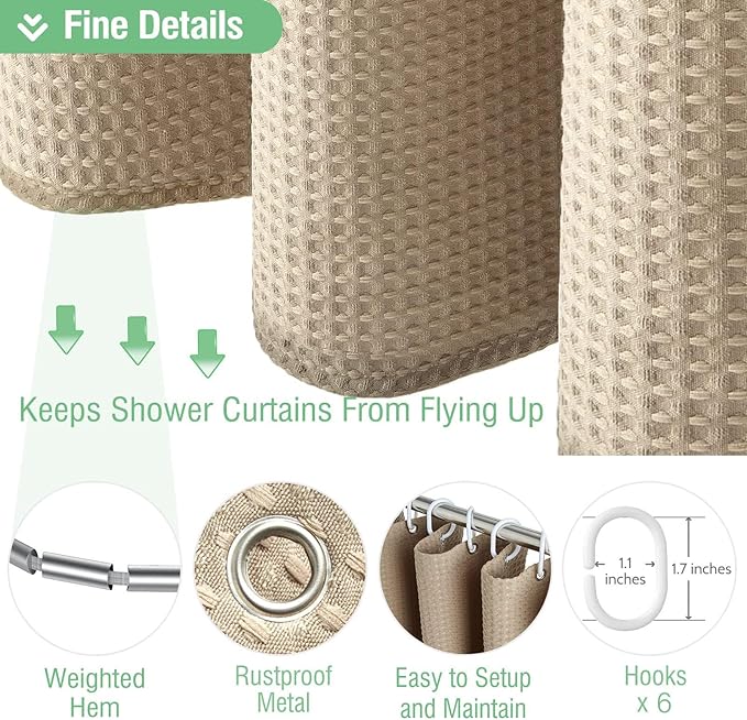 Dynamene Stall Fabric Shower Curtain - 36x72 Waffle Weave Weighted Cloth Shower Curtains for Bathroom, Neutral Heavy Duty Hotel Spa Luxury Bath Curtain Set with 6 Plastic Hooks,Beige/Khaki
